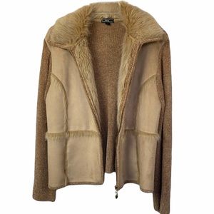 Lisa International Faux Fur Sweater Jacket Tan Size Large